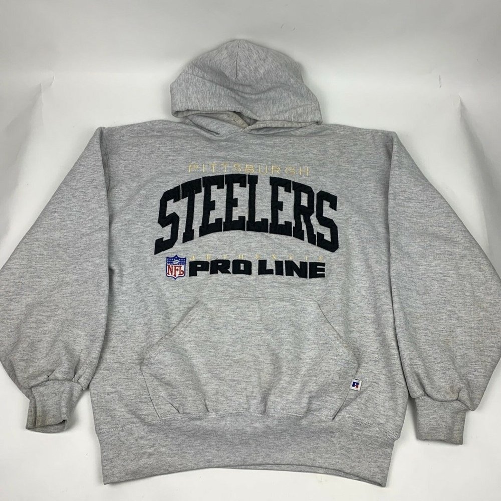 Mens VTG Pittsburgh Steelers NFL ￼Gray Hoodie Mens L Pro Line Russell USA